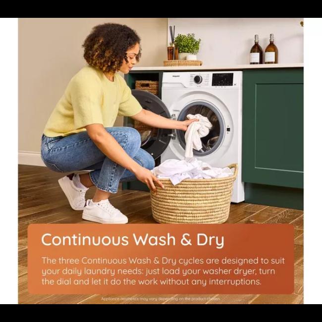 Hotpoint AntiStain 8kg Wash 6kg Dry Washer Dryer 1400sp White with ColourCare Full Load 45' PetHairCare Inverter Motor Start Delay Dimensions 845x600x570mm Weight 68kg
