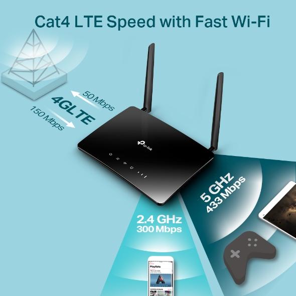 TP-Link Archer MR200 4G LTE Router - Dual Band, Wi-Fi 5, Black, Antennas