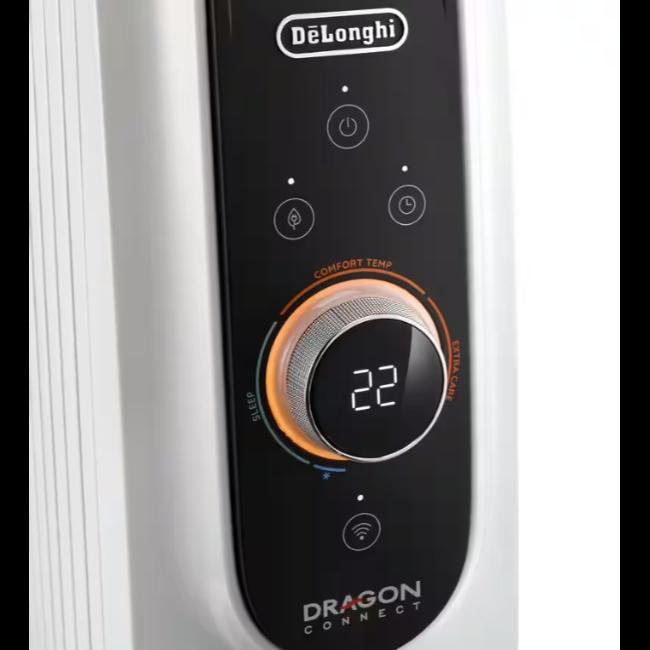 DeLonghi Dragon 5 Connect 10-Fin Wi-Fi Oil Filled Radiator TRD51025WIFI White 2500W Smart App Control ECC Electronic Climate Control 3 Heating Modes Folding Easy Wheels