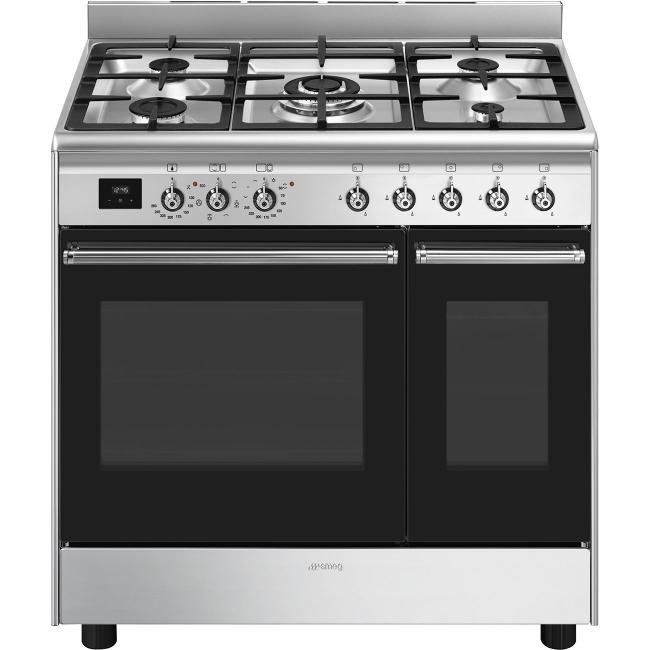 Smeg Range Cooker Dual Fuel 90x60cm Stainless Steel Gas Hob Electric Ovens