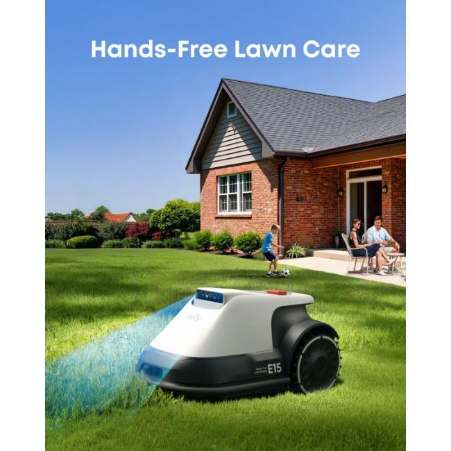 Eufy E15 Robot Lawn Mower - Grey/Black | RTK-Free AI Mapping, 3D Obstacle Avoidance, Edge Trimming, GPS Tracking, 800m² Coverage, 56dB Quiet Operation