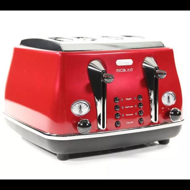 De'Longhi Icona Micalite 4 Slice Toaster Red with Bagel, Defrost, Reheat, Cancel, Toast Colour