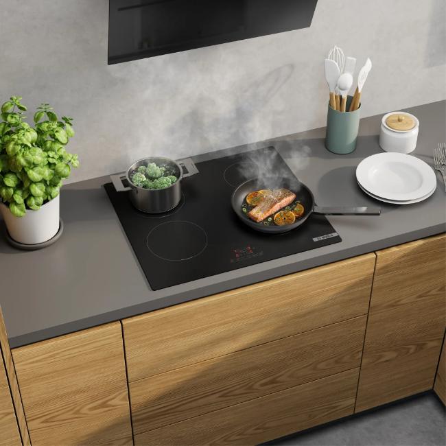 Bosch Series 4 Induction Hob 60cm PIE61ABB5E Matte Black Frameless TouchSelect 4 Zones PowerBoost Timer QuickStart ReStart ChildLock Safety Protection