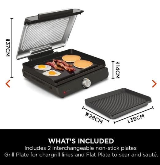 Ninja Sizzle Indoor Grill & Flat Plate | Low Smoke | High-Heat Cooking | Includes Grill Plate & Flat Plate | GR101UK | Free Delivery | 