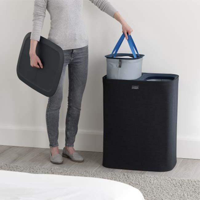 Joseph Joseph Tota 90L Dual Compartment Laundry Separation Basket - Black with Removable Tote Bags and Lid