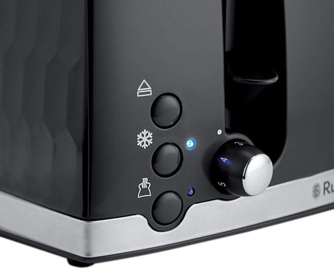 Russell Hobbs Honeycomb 4 Slice Toaster - Black with Extra Wide Slots, High Lift, Bun Warmer, Variable Browning, Frozen, Cancel, Reheat, Removable Crumb Tray, Stainless Steel Accents