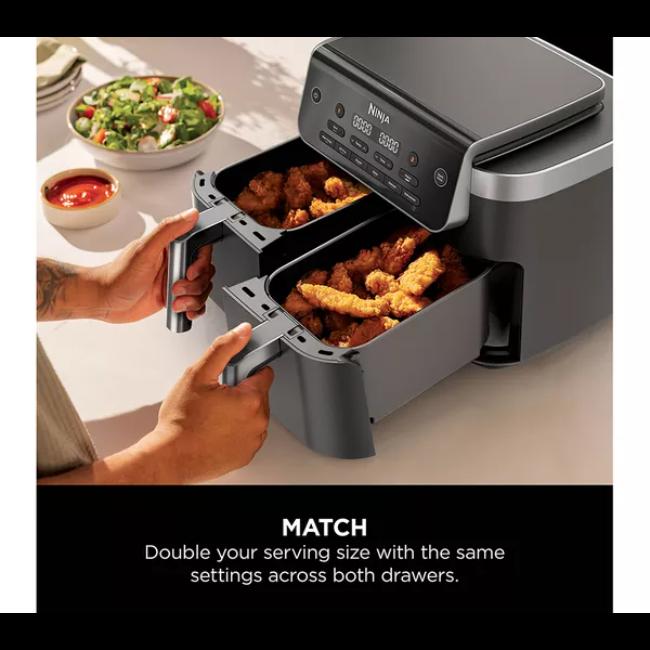 Ninja DualZone 7.6L 2-Drawer Air Fryer Black with 6 Cooking Functions - Max Crisp, Air Fry, Roast, Bake, Reheat, Dehydrate. Features Dual Drawers, Digital Display, Control Panel, Silver Handles.