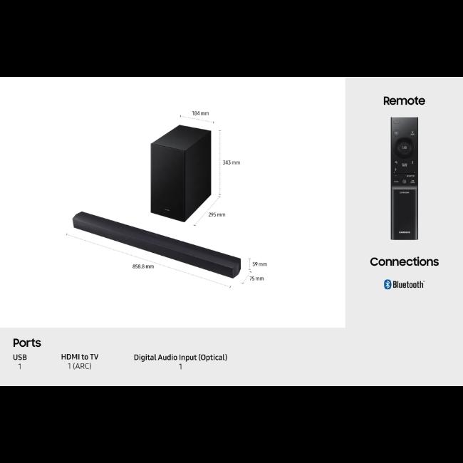 Samsung B-Series 2.1ch Soundbar with Subwoofer - Black | Includes Remote, Soundbar, Subwoofer