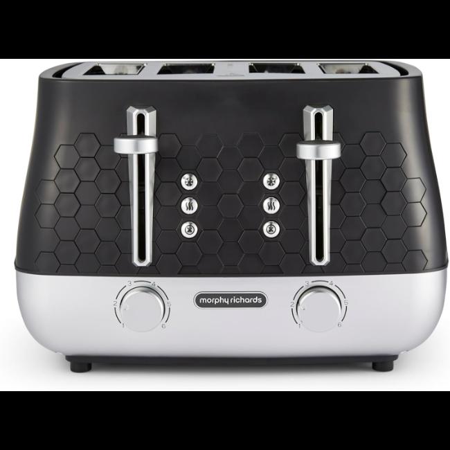 Morphy Richards Cassini 4 Slice Toaster Moonless Night Black Hexagonal Design Variable Browning High-Lift Removable Crumb Tray Illuminated Buttons