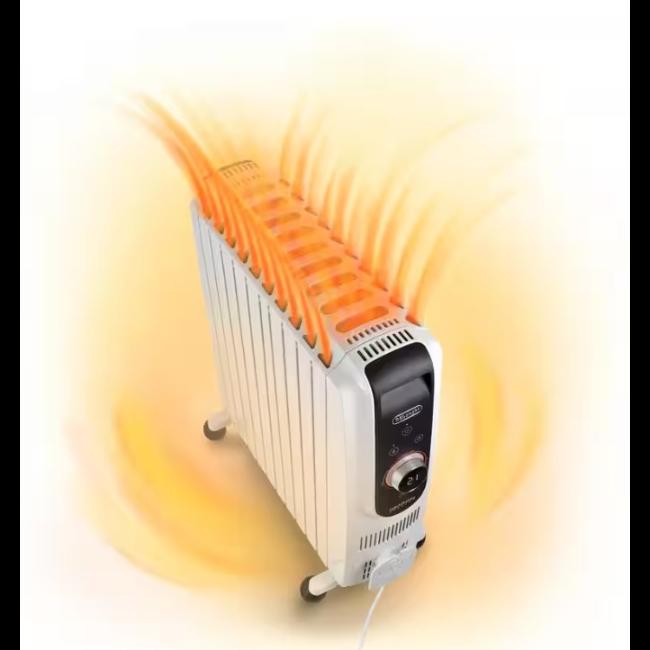 DeLonghi Dragon 5 Connect 10-Fin Wi-Fi Oil Filled Radiator TRD51025WIFI White 2500W Smart App Control ECC Electronic Climate Control 3 Heating Modes Folding Easy Wheels