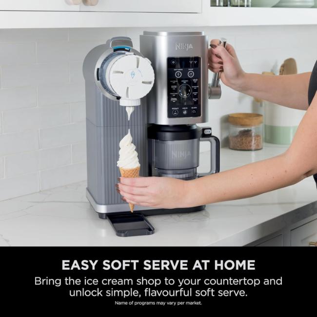 Ninja CREAMi 13-in-1 Ice Cream Maker NC701UK | Soft Serve & More | Platinum Silver | 2x 480ml | Image Features: Soft Serve, Scoop, Ice Cream, CreamiFit, Soft Serve Gelato