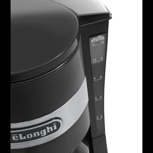 DeLonghi Filter Coffee Machine 1.25L Black Stainless Steel Glass Carafe 10 Cups Water Level Indicator On/Off Button