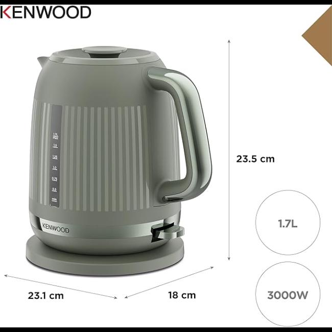 Kenwood Dusk Kettle Olive Green 1.7L 3000W | Water Level Indicator, Handle, Base, Spout, Lid, Striped Design