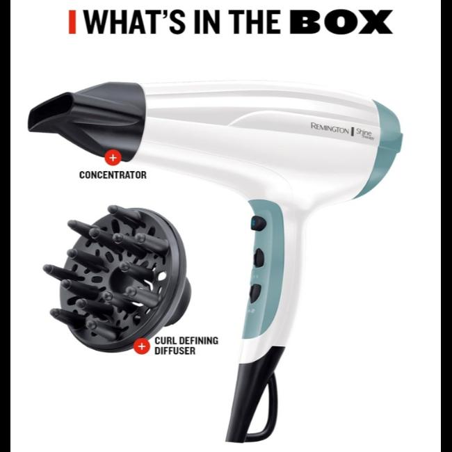 Remington D5216 Shine Therapy Hair Dryer 2300W Ionic Technology Cool Shot Diffuser Concentrator Nozzle White
