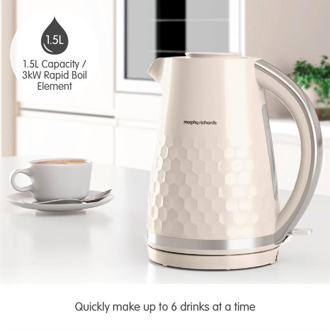 Morphy Richards Hive Cream 1.5L Electric Kettle | 3000W | Easy Fill, Water Window, Limescale Filter, 360 Base, Cord Tidy, Hexagonal Pattern, Silver Handle
