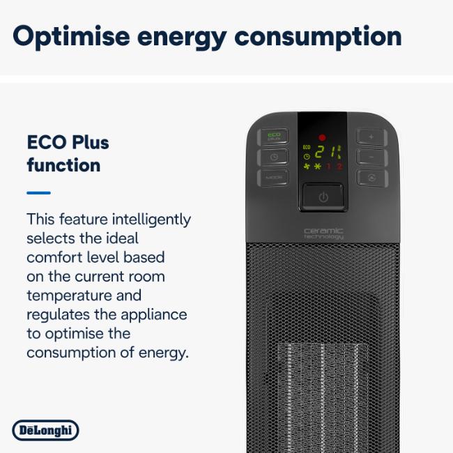 DeLonghi Bend Line Ceramic Fan Heater 2000W Black HFX65V20 Digital Control ECO Anti-dust Filter Safety Auto-Off for Rooms up to 60m³