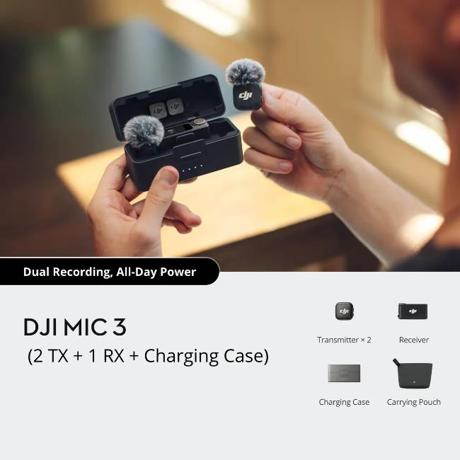 DJI Mic 3 Wireless Microphone System | Black | Receiver & Charging Case