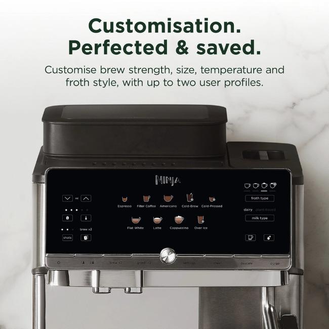 Ninja AutoBarista Automatic Espresso Machine Grey AE1001UK 10 Drink Programs 4 Froth Presets 250g Bean Hopper Espresso Latte Froth