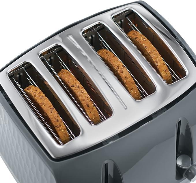 Russell Hobbs Honeycomb 1500W 4 Slice Toaster - Grey | Textured Design, High Lift, Removable Crumb Tray, Extra Wide Slots, Bun Warmer, Frozen, Cancel, Reheat Functions