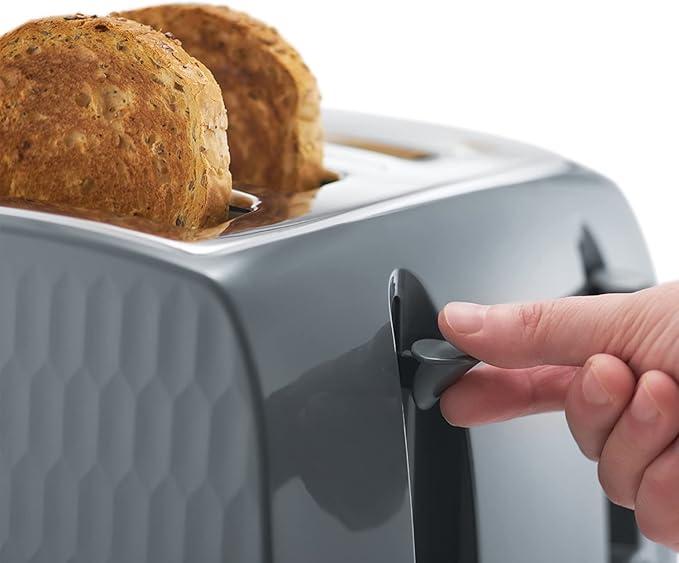 Russell Hobbs Honeycomb 1500W 4 Slice Toaster - Grey | Textured Design, High Lift, Removable Crumb Tray, Extra Wide Slots, Bun Warmer, Frozen, Cancel, Reheat Functions