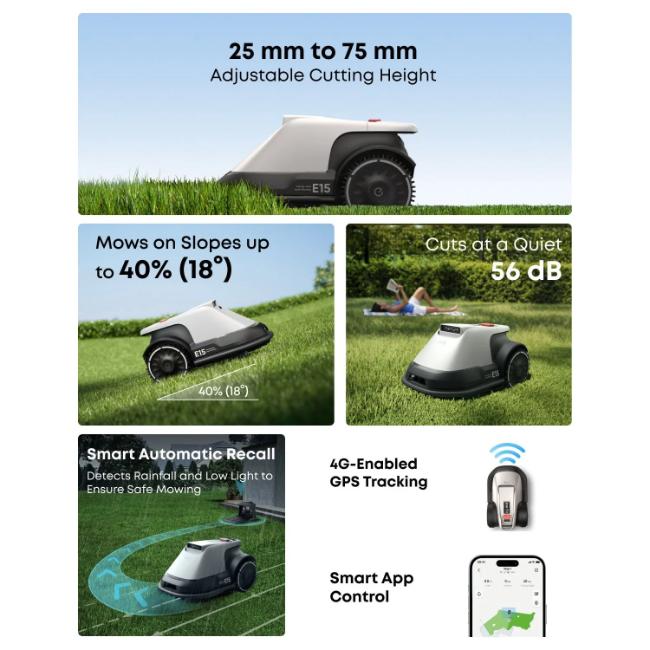 Eufy E15 Robot Lawn Mower - Grey/Black | RTK-Free AI Mapping, 3D Obstacle Avoidance, Edge Trimming, GPS Tracking, 800m² Coverage, 56dB Quiet Operation