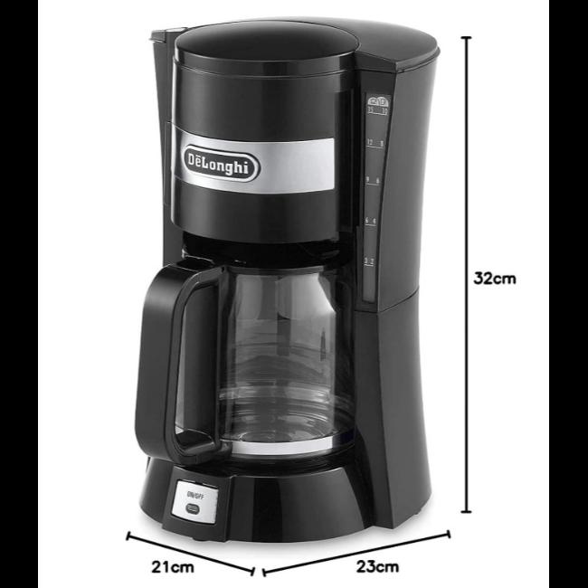 DeLonghi Filter Coffee Machine 1.25L Black Stainless Steel Glass Carafe 10 Cups Water Level Indicator On/Off Button