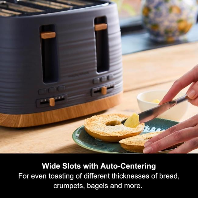 Morphy Richards Clay 4 Slice Toaster Flint Blue Grey Ripple Pattern BPA-Free Plastic with Reheat Defrost Cancel Functions Wide Slots Variable Browning Auto-Centring Automatic Pop-Up Cord Storage Removable Crumb Tray Wood-Effect Base