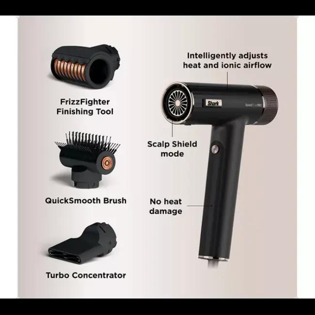 Shark SpeedStyle Pro 3-in-1 Hair Dryer Black with Turbo Concentrator, QuickSmooth Brush, FrizzFighter Finishing Tool