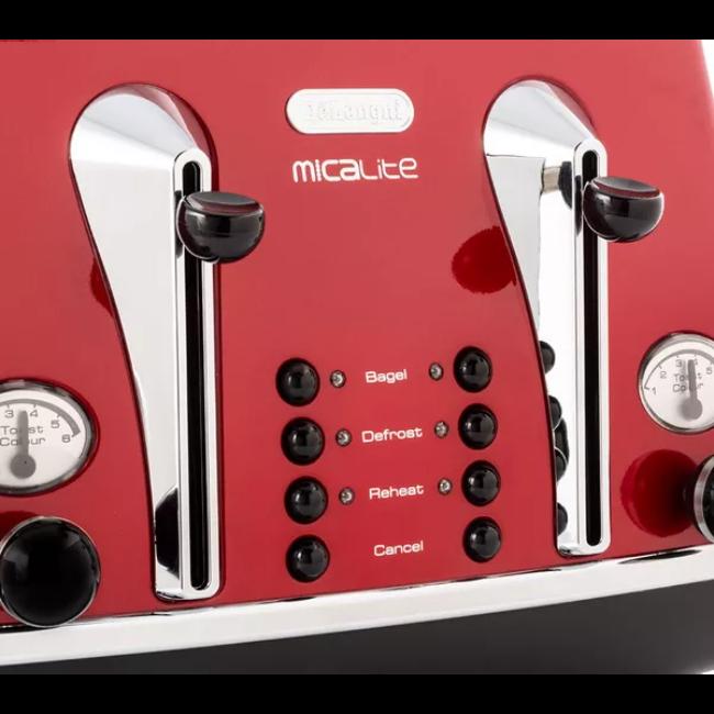 De'Longhi Icona Micalite 4 Slice Toaster Red with Bagel, Defrost, Reheat, Cancel, Toast Colour