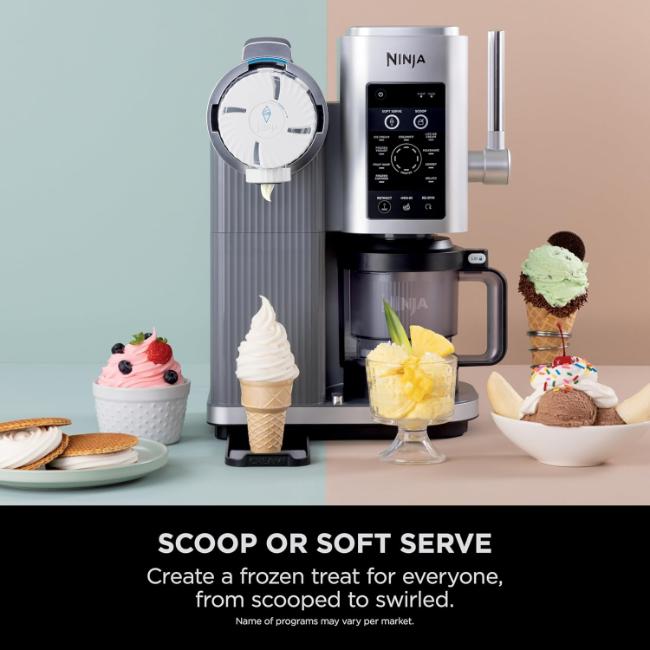 Ninja CREAMi 13-in-1 Ice Cream Maker NC701UK | Soft Serve & More | Platinum Silver | 2x 480ml | Image Features: Soft Serve, Scoop, Ice Cream, CreamiFit, Soft Serve Gelato