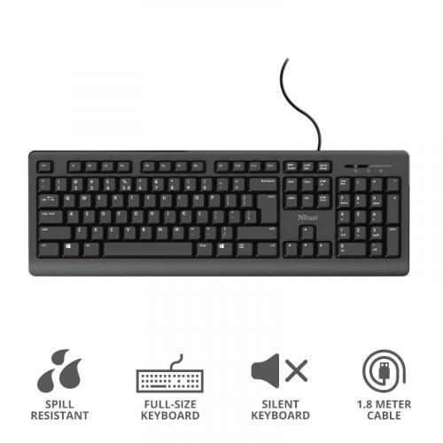 Trust Primo Full Size Wired Keyboard - Black, Spill Resistant, Silent, 1.8 Meter Cable