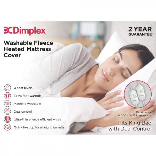 Dimplex Fleece King Size Heated Mattress Cover with Dual Control, 4 Heat Settings, Machine Washable