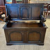 Superb oak monks bench, carved backrest