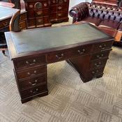 Mahogany deep green leather top twin pedestal writing desk image