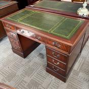 Mahogany olive green leather top twin pedestal writing desk image