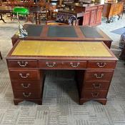 Mahogany mustard leather top twin pedestal writing desk image