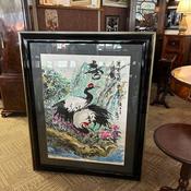 Impressive large Chinese ink and colour painting of a pair of red-crowned cranes