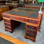 Mahogany green leather top twin pedestal writing desk image