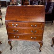 Fabulous walnut burr writing bureau with a mustard tan leather top image
