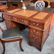 Mahogany flamed tan leather top twin pedestal writing desk image