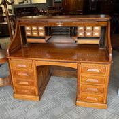 A superb antique American oak roll-top writing desk image