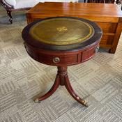 Mahogany drum green leather top table with two drawers