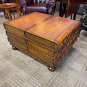 Fabulous book style tan leather top coffee table with hidden storage