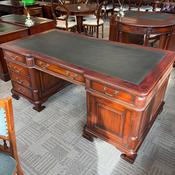 Mahogany partners deep green leather top twin pedestal writing desk image
