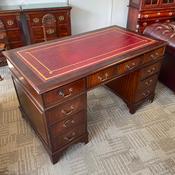 Mahogany oxblood red leather top twin pedestal writing desk image