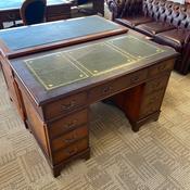 Oak green leather top twin pedestal writing desk image