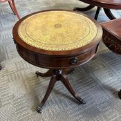 Mahogany drum tan leather top table with two drawers