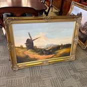 Early to mid 20th century oil on canvas, windmill &amp; horse