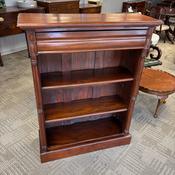 Beautiful mahogany open bookcase with slim drawer