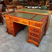 Beautiful mahogany flamed green leather top twin pedestal writing desk image